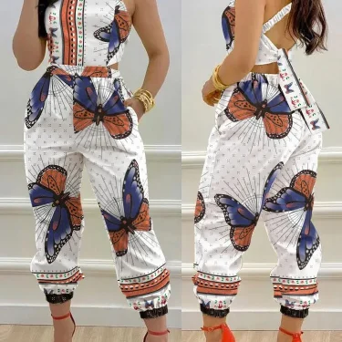 New Summer Fashion Printed Sleeveless Jumpsuit Sexy Hollow Backless Lace Up Long Jumpsuits Elegant Casual Jumpsuit With Pocket 5