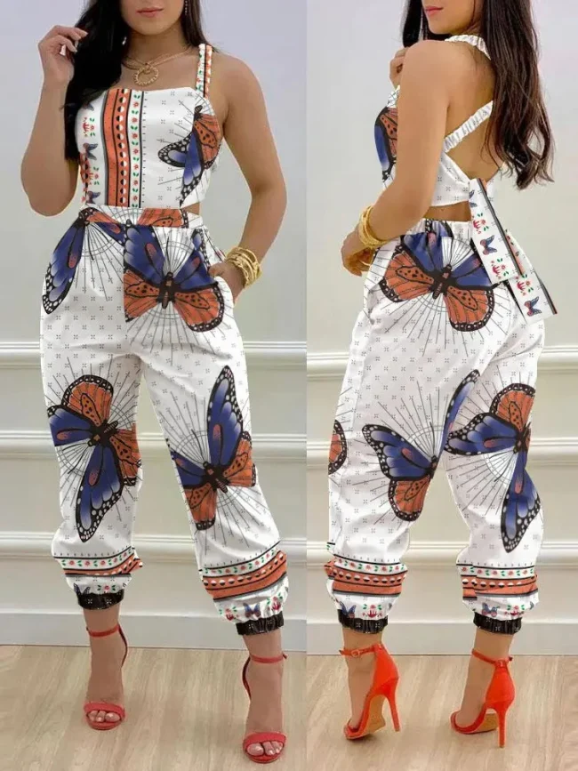 New Summer Fashion Printed Sleeveless Jumpsuit Sexy Hollow Backless Lace Up Long Jumpsuits Elegant Casual Jumpsuit With Pocket 5