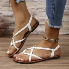 Women's Solid Color Casual Sandals, Lightweight Flat Braided Elastic Shoes, Summer Holiday Beach Shoes 3