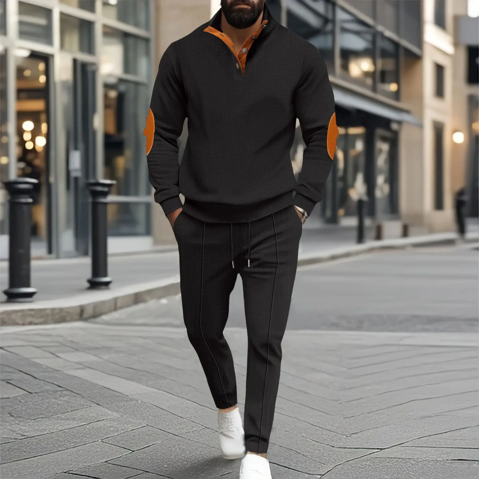 Autumn and winter new men's fashion outdoor sports half zipper Waffle casual stand collar long sleeve hoodie + trousers men's su 2
