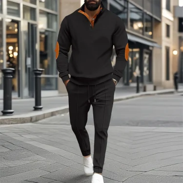 Autumn and winter new men's fashion outdoor sports half zipper Waffle casual stand collar long sleeve hoodie + trousers men's su 2