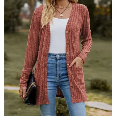 Autumn New Women's Milled Pit Stripe V-Neck Solid Colour Button Long Sleeve Ladies Casual Extensions Cardigan Jacket Coat 5