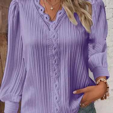 Women's Lace Stitching Shirt Loose Stitching V-neck Long Sleeve Pullover Chiffon Shirt Fall Top Simple Elegant Street Blouse 5