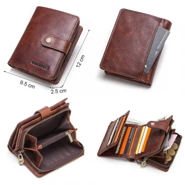 CONTACT'S Genuine Leather RFID Vintage Wallet Men With Coin Pocket Short Wallets Small Zipper Wallet With Card Holders Man Purse 4