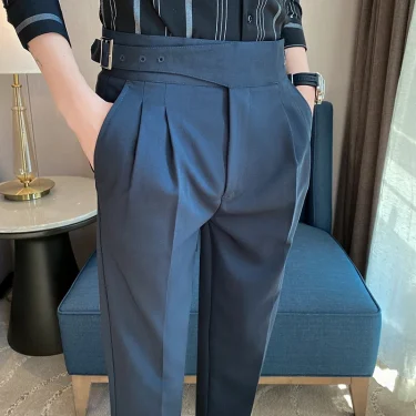 British Style Men High Waist Casual Dress Pant Men Belt Design Slim Trousers Formal Office Social Wedding Party Dress Suit Pants 1