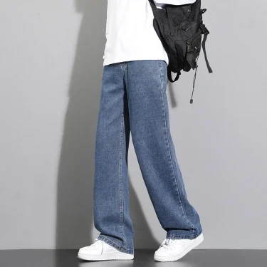 2025 New Korean Men's Casual Long Jeans Classic Man Straight Denim Wide-leg Pants Solid Color Light Blue Grey Black 3XL 6