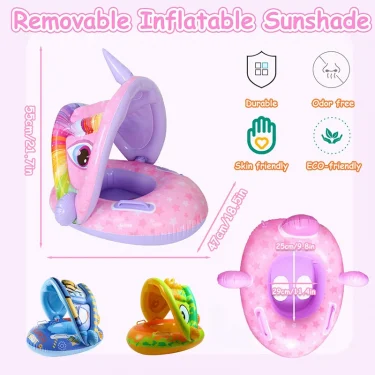 Baby Unicorn Swimming Float Ring Inflatable Infant Floating Removable Canopy Protection Sun Shelter Infant Summer Fun Pool Play 6