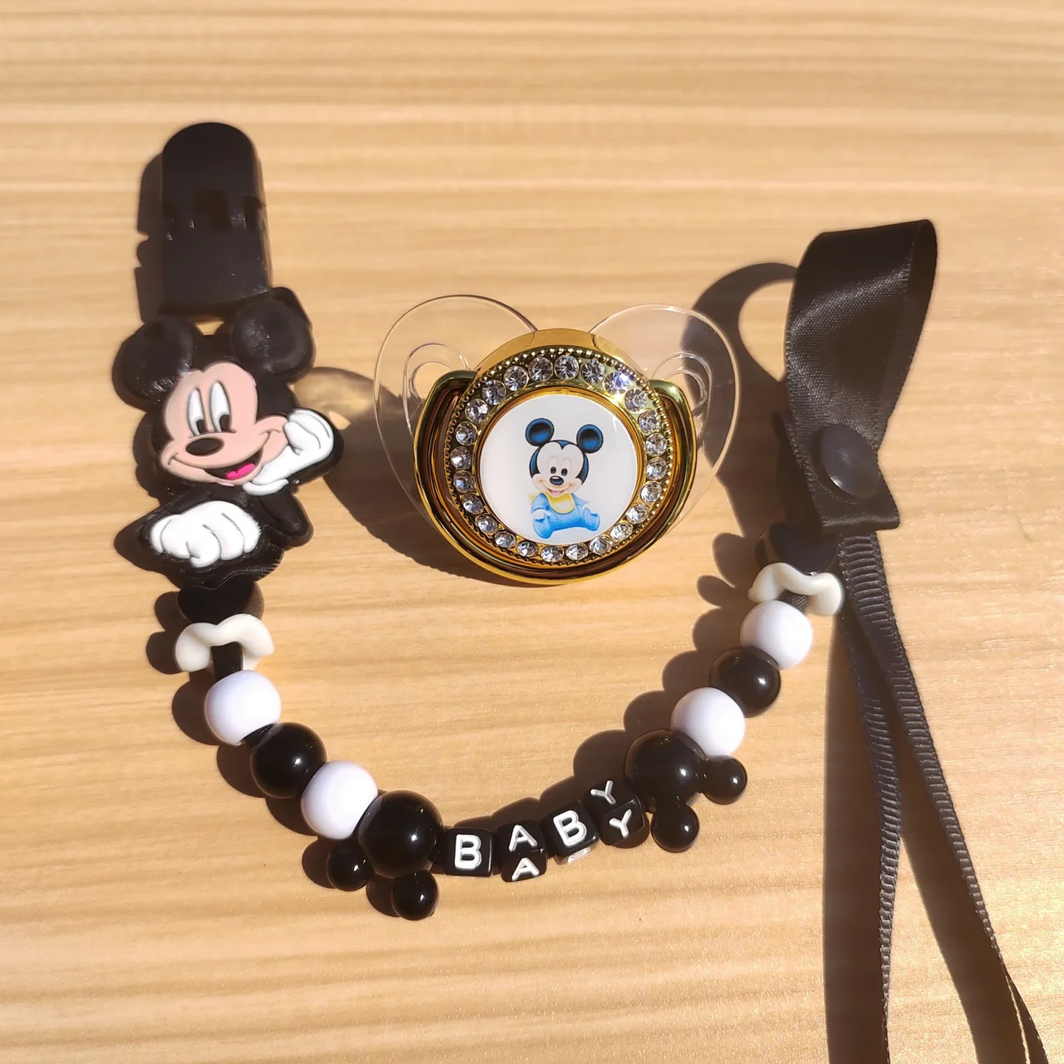Black Mickey Mouse Printed pacifier Baby Diamond Pacifier Food Grade Baby Thumb shaped pacifier Personalized bead pacifier clip 5