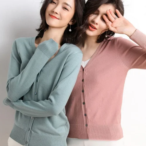 Cardigans Women Autumn Single Breasted V-neck Knitted Sweater Fashion Short Knitwear Solid Blue Green Pink Women's Jumpers 1