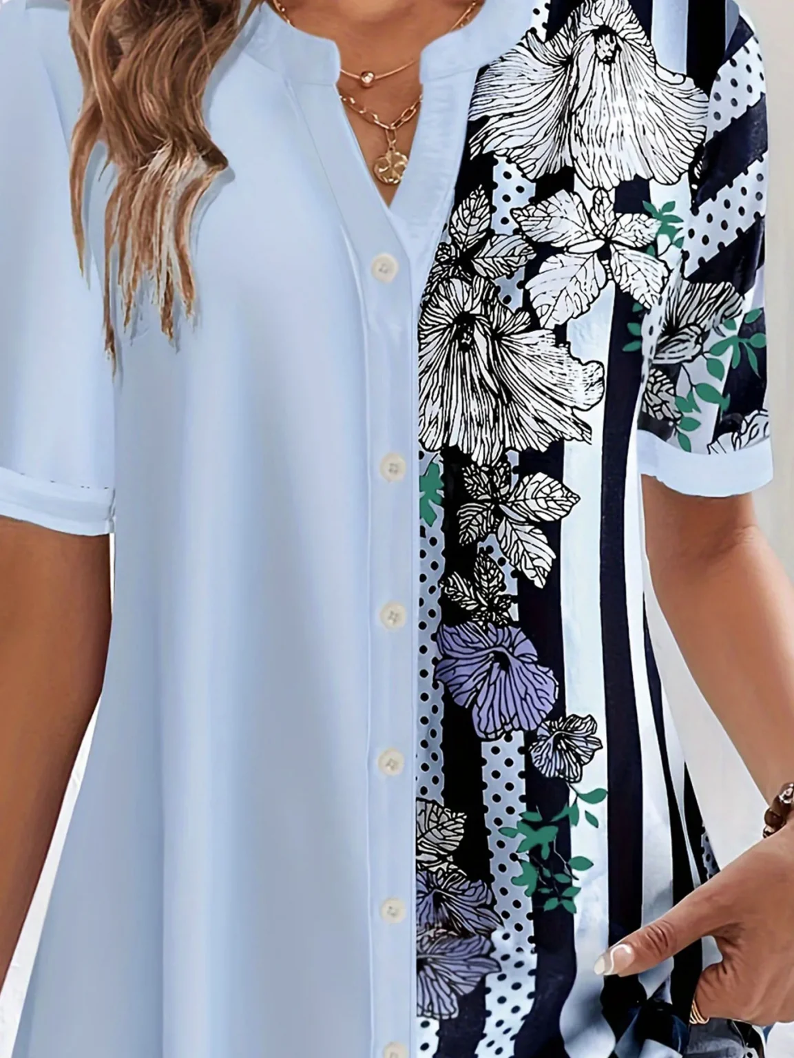 Plus Size Striped Print Blouse, Casual Round Collar Half Sleeve Blouse For Spring, Women's Plus Size Clothing 5