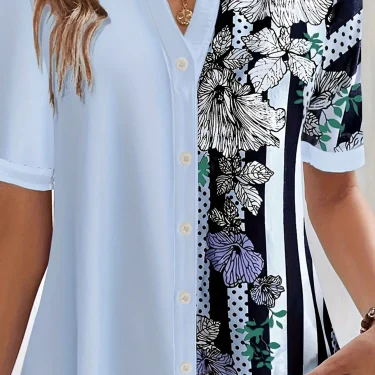 Plus Size Striped Print Blouse, Casual Round Collar Half Sleeve Blouse For Spring, Women's Plus Size Clothing 5