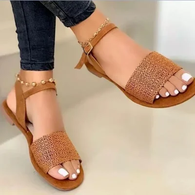 Ladies Shoes High Quality One-word Buckle Women's Sandals Summer Solid Ankle-wrap Open Toe Low-heeled Beach Sandals Women 2