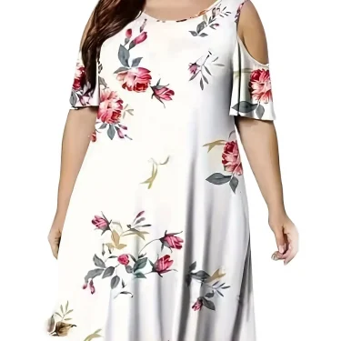New plus size women's round neck off-shoulder print large-size T-shirt dress woman 5