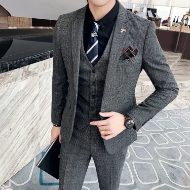 High Quality British Korean Modified Plaid Men (suit + Vest + Trousers) Stylish and Handsome Business Casual Three-piece Suit 4