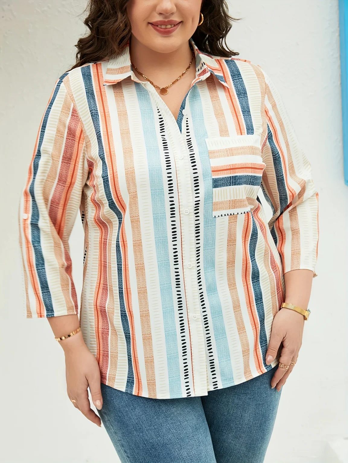Plus Size Floral Print Notch Neck Blouse, Casual 3/4 Sleeve Blouse For Spring & Summer, Women's Plus Size Clothing 6
