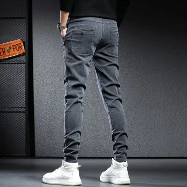 Autumn & winter elastic waist thicken fleece jeans for men Slim fit small feet Korean fashion casual pants for men Long pants 3