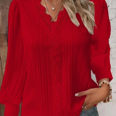 Women's Lace Stitching Shirt Loose Stitching V-neck Long Sleeve Pullover Chiffon Shirt Fall Top Simple Elegant Street Blouse 6