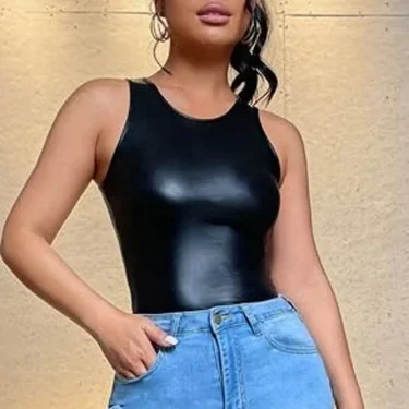 Sexy Y2K Black Leather Crop Top Ladies Slim Tank Tops Summer Vest Femme Fashion Club Party Wear Tanks Women Clothing 4