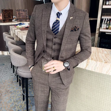 High Quality British Korean Modified Plaid Men (suit + Vest + Trousers) Stylish and Handsome Business Casual Three-piece Suit 3