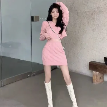 Two Piece OF Pullover Autumn/Winter Knitted Sweater Set Pure Desire Short Sweater Sexy Spicy Girl Arm Wrap Skirt Sweater Female 2