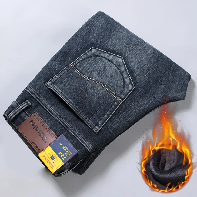 WTHINLEE Winter New Casual Men's Warm Fleece Jeans Classic Business Thicken Fur Regular Fit Denim Pants Brand Plush Trousers 5