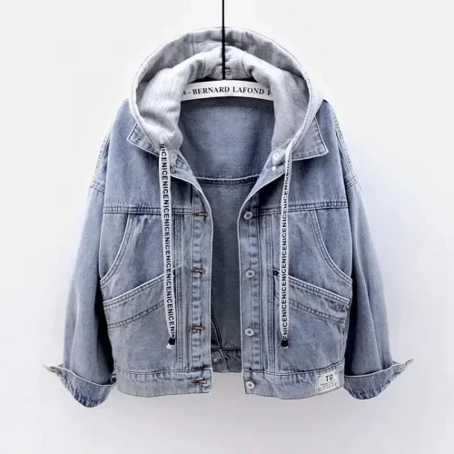 Blue Deconstructable Hooded Turn-down Collar Denim Jacket Women Loose Button Patchwork Outwear Jean Coat Female 1