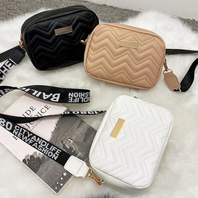 Fashion Wave Pattern Women Shoulder Bag Solid Color Crossbody Bag PU Leather Wide Shoulder Strap Bag Purse Female Handbags 2