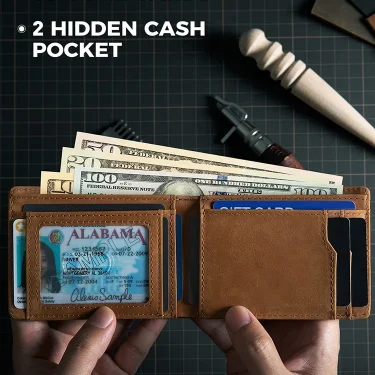 Retro Crazy Horse Leather Dollar Clip Simple RFID Men's Wallet with Air Tag Cover 3