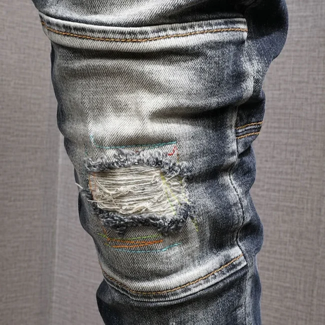 Fashion Streetwear Men Jeans Retro Black Blue Elastic Slim Fit Ripped Jeans Men Spliced Designer Embroidery Hip Hop Denim Pants 4
