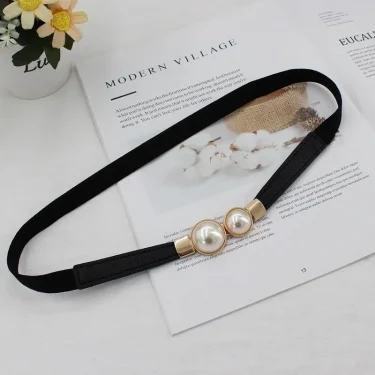 Elegant Double Pearls Buckle Elastic Women Belts Thin Straps Lady Girl Dress Skirt Decor Waistbands Trouser Dress Decoration 6