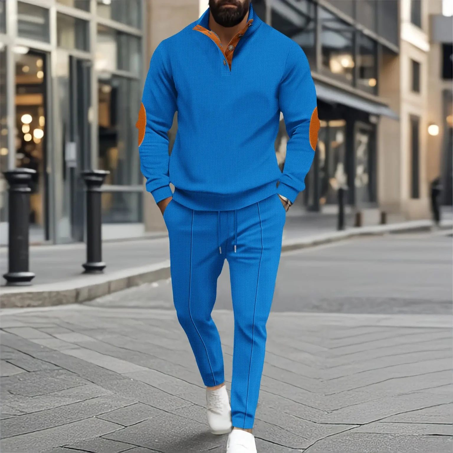 Autumn and winter new men's fashion outdoor sports half zipper Waffle casual stand collar long sleeve hoodie + trousers men's su 5