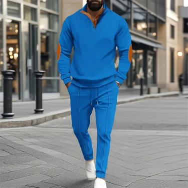Autumn and winter new men's fashion outdoor sports half zipper Waffle casual stand collar long sleeve hoodie + trousers men's su 5
