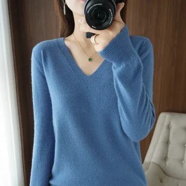 New Cashmere Women's V-neck Pullover Lace Neck Hollow Out Design Casual Knitted Long Sleeve Women's Sweater Autumn And Winter 5