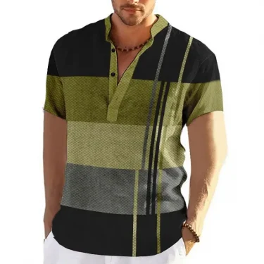 Color Block Striped 3D Print Henley Shirts Men's Fashion Vintage Button Stand Collar Short Sleeve T Shirt Tees Tops Man Clothing 2