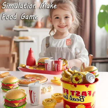 Children Kitchen Girl Toys Simulation Make Hamburger Pizza Fries Pretend Play Food Cooking Cutting Game Party Activity Game Toys 3