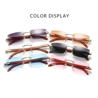 KLASSNUM Men Rectangle Fashion Rimless Sunglasses Vintage Wooden Grain Frame Small Sun Glasses 2024 New Fashion Luxury Brand 2