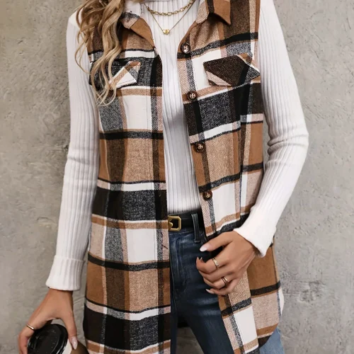 Women Plus Size 1XL-5XL Plaid Print Flap Detail Sleeveless Coat Ladies Fashion Sleeveless Thick Thermal Vest Women Outwear 1