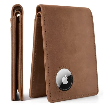 Retro Crazy Horse Leather Dollar Clip Simple RFID Men's Wallet with Air Tag Cover 1