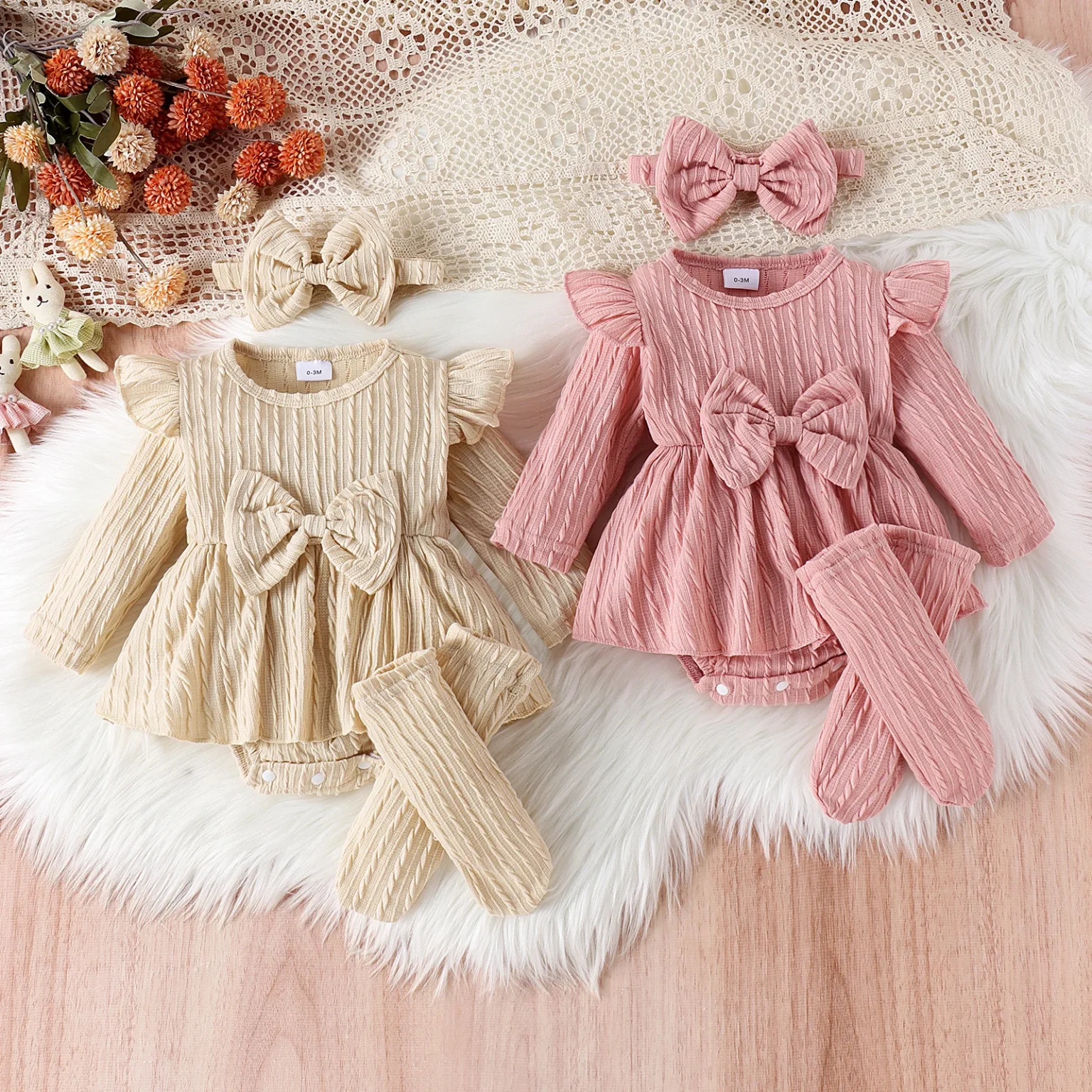 3PCS In Autumn, Newborn Girls Aged 0-1 Years Old Are Comfortable, Sweet And Cute Little Twist One-Piece Dress + Head Socks 1