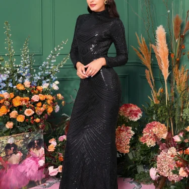 New Wedding Birthday Party Dress Round Neck Long Sleeved Sequin Mermaid Evening Prom Cocktail Dress 4