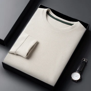 Men's Casual Waffle Round Neck T-shirt Breathable, Comfortable, and Fashionable Long Sleeved T-shirt 2
