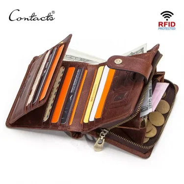 CONTACT'S Genuine Leather RFID Vintage Wallet Men With Coin Pocket Short Wallets Small Zipper Wallet With Card Holders Man Purse 1