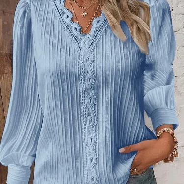 Women's Lace Stitching Shirt Loose Stitching V-neck Long Sleeve Pullover Chiffon Shirt Fall Top Simple Elegant Street Blouse 4
