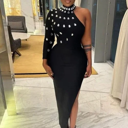 New Luxury Elegant Big Diamonds One Sleeve Black Bandage Beaded Evening Party Split Dress for Women Birtdhay Clubwear Prom Robe 1