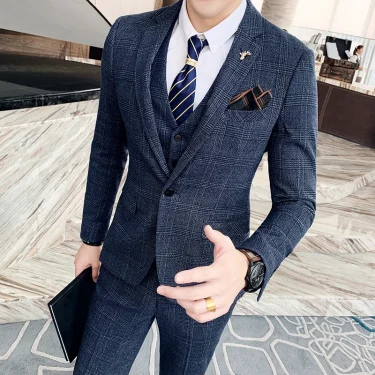 High Quality British Korean Modified Plaid Men (suit + Vest + Trousers) Stylish and Handsome Business Casual Three-piece Suit 2