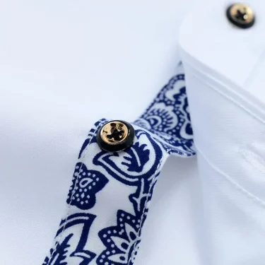 Blue-and-white Porcelain Collar Shirt Men Long Sleeve Korean SlimFit Casual Business Dress Shirts Solid Color White Shirt Cotton 3