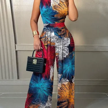 Elegant Women Wide Leg Long Juumpsuit Spring Summer Fashion Printed Sleeveless Casual Holiday Bodysuits Jumpsuits Trousers 3
