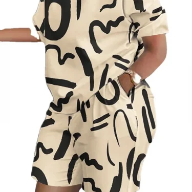Women's clothing, round neck printed loose short sleeved T-shirt, shorts, casual sportswear, novelty for summer 4