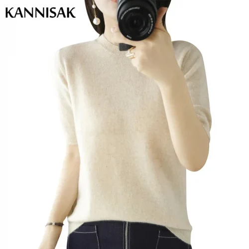 Spring Summer Womens Sweater Short Sleeve O-neck Slim Fit Knitted Pullovers Bottoming Casual Knitwear Camel Pink Clothes 6