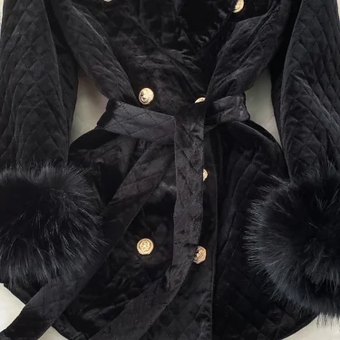 XFPV Women Velvet Feather Lace-up Korean Version Double Breasted Blazer Lapel Long Sleeve Warm Coat Autumn Winter SM9917 4